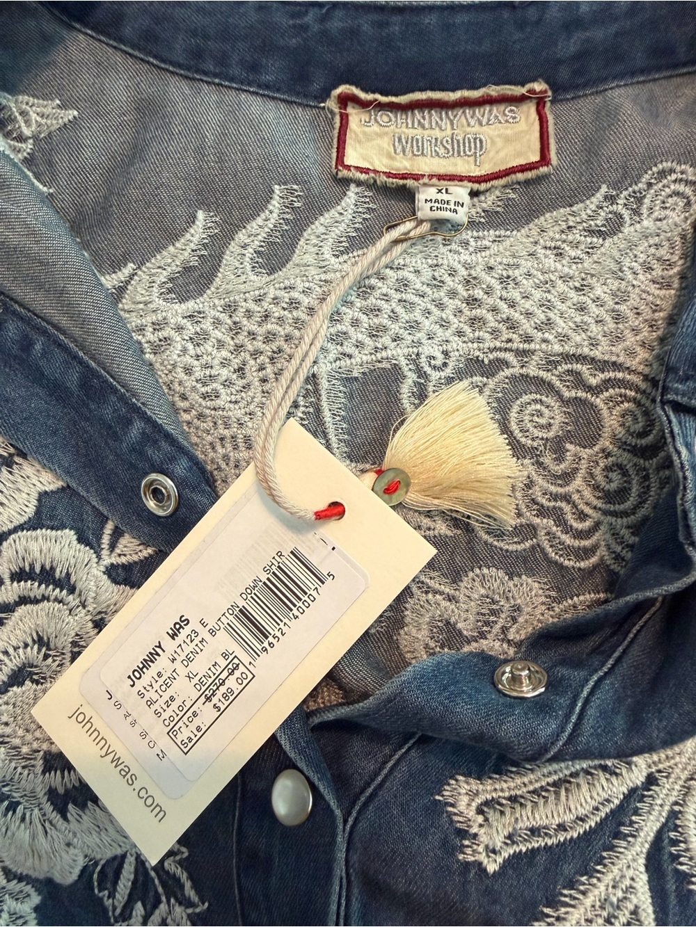 Johnny Was Blue Denim Shirt with White Embroidery - Picture 4 of 5